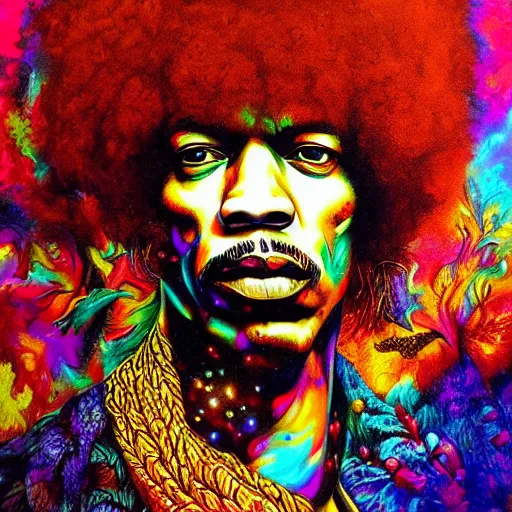 Image similar to An extremely psychedelic portrait of Jimi Hendrix, surreal, LSD, face, detailed, intricate, elegant, lithe, highly detailed, digital painting, artstation, concept art, smooth, sharp focus, illustration