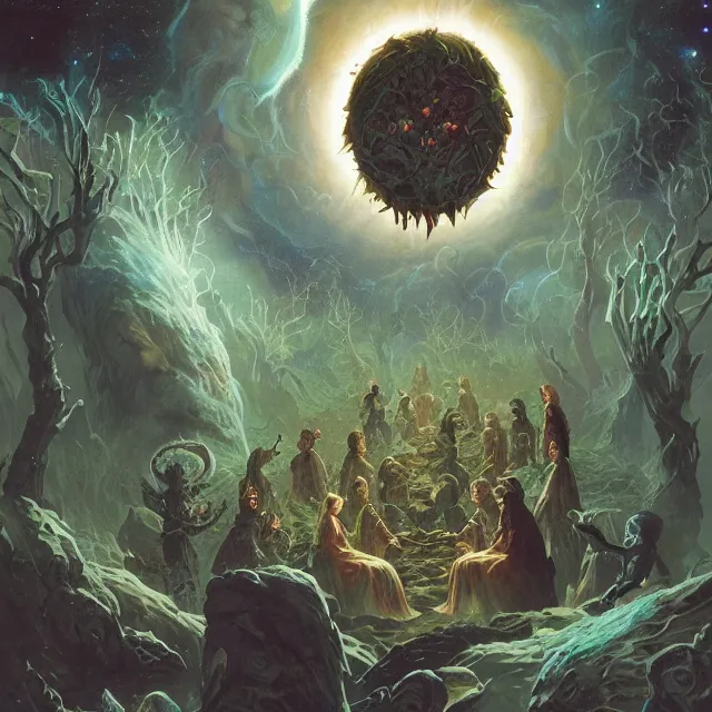 Image similar to a circle of druids conjuring the cosmos into existence by greg rutkowski and frank frazetta and peter mohrbacher and william blake and dan mumford