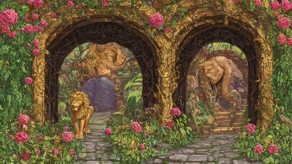 Prompt: A giant medieval fantasy gate with an gold carved lion face at the center, vines, thorns, roses, flowers, vivid vegetation, pastel color tones, clear clean, Ilya kushinov, by Makoto Shinkai, Studio Ghibli, Miyazaki, Kyoto Animation, digital 2D, painterly style, gouache illustration, high contrast, cute, kawaii, golden ratio, rule of thirds