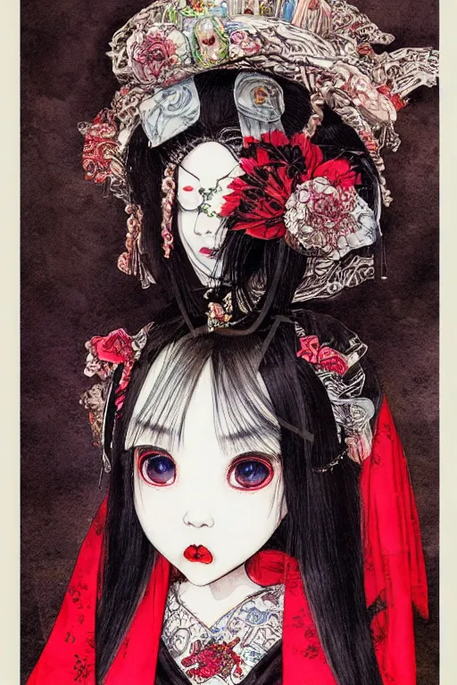 Image similar to watercolor painting of an avant - garde japanese bjd geisha vampire queen in a victorian lolita fashion red dress in the style of lovecraftian horror painted by yoshitaka amano, takato yamamoto, ayami kojima, dmt art, symmetrical vogue face portrait, intricate detail, artstation, cgsociety, artgerm, rococo