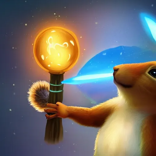 Prompt: A squirrel holding a glowing sphere in one paw and a sword in the other, fantasy illustration