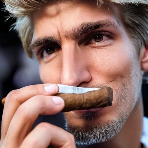Image similar to a closeup photo of handsome gigachad xqc smoking a cigar