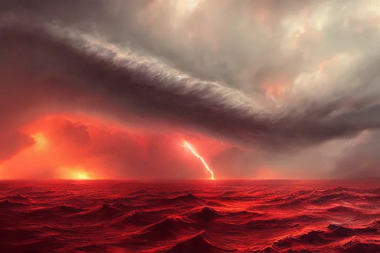 Image similar to monstrous tornado over stormy seas, night, backlit, red sprites, hyperdetailed, cgsociety, artstation