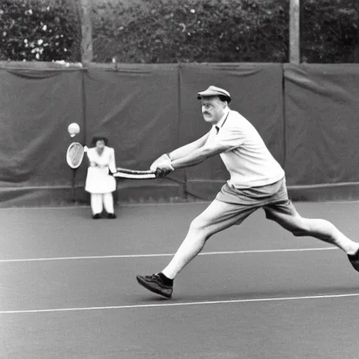 Image similar to Photograph of a tennis match between Winston Churchill and Adolf Hitler