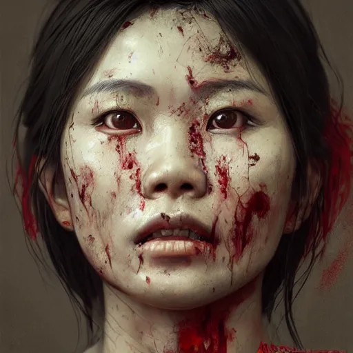 Image similar to portrait painting of a bloodied vietnamese female butcher, ultra realistic, concept art, intricate details, eerie, highly detailed, photorealistic, octane render, 8 k, unreal engine. art by artgerm and greg rutkowski and alphonse mucha