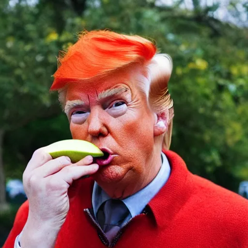 Image similar to secuctive donald trump with red hair eating an apple looking in the camera