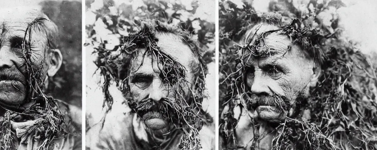 Image similar to 1920s portrait photography of alpine old farmer transforming into a monster, roots growing out of his face