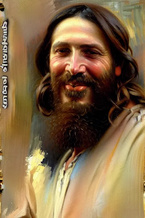 Image similar to impressionist brushstrokes!!!!!!!!! solomon joseph solomon and richard schmid and jeremy lipking victorian loose genre loose painting full length portrait painting of jesus with a slight smile happy inviting