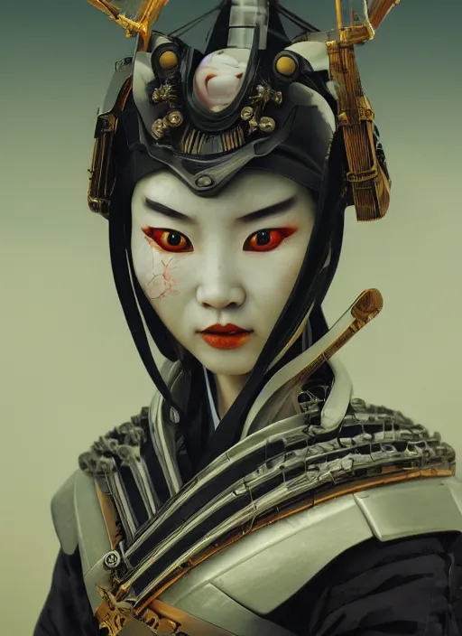 Prompt: portrait of a futuristic samurai geisha cyborg, kintsugi, modern fine art, fractal, intricate, elegant, highly detailed, digital photography, parallax, subsurface scattering, in the style of ghost, by jheronimus bosch and greg rutkowski,