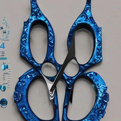 Prompt: upcycled scissors modified into a ornate crib, blue crystal exploding, 4k (blue)!!, double exposures on 35mm film!, scissor people, scalier skin for moisture retention, adapted to a drier climate, Genetic isolation with different environmental pressures yields a variant of yautja by michael vincent, x-chromosome pair of steel scissors joined in the center, alien anatomyArt by Joel peter Witkin, art by hr Geiger, art by Brom, art by Todd McFarlane, 8k concept art, low poly, cinematic, horror, monsters, fur, shadows, full color, best practice, creature, cinematographic, cinematic, hyper realistic, detailed, 8k, octane render.