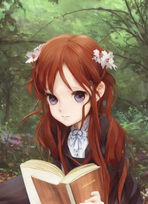 Prompt: a close up of a victorian maid with long flowing auburn hair sitting in a forest reading a book. cute anime eyes. by makoto shinkai, stanley artgerm lau, wlop, rossdraws, james jean, andrei riabovitchev, marc simonetti, krenz cushart, sakimichan, trending on artstation, digital art.