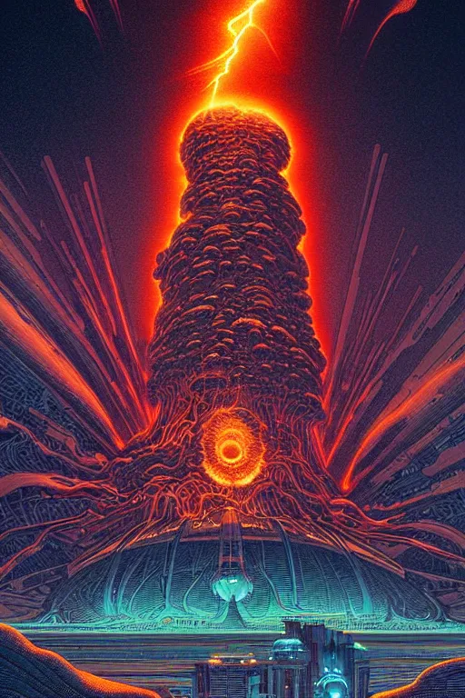 Prompt: artwork by kilian eng and toshi yoshida and franklin booth showing a futuristic powerstation!! in front of a ( ( exploding volcano ) ), vintage scifi, high details, dramatic lightning,, 8 k