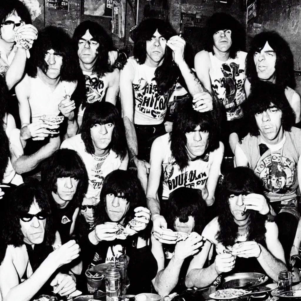 Prompt: the ramones band eating tacos in front of cbgb black and withe 7 0 s photography style