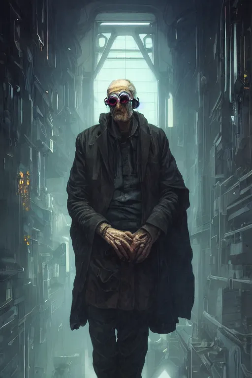 Image similar to cyberpunk old man, augmented, cyborg, movie poster, normal hands, normal legs, cinematic lighting, intricate, rugged, highly detailed, digital painting, artstation, smooth, sharp focus, illustration, art by artgerm and greg rutkowski and alphonse mucha and Wayne Barlowe and william-adolphe bouguereau