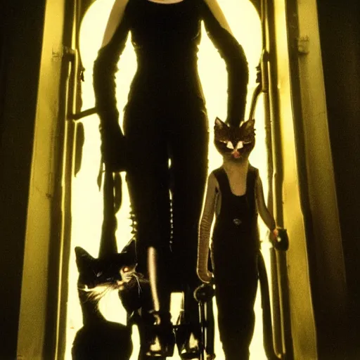 Image similar to detailed professional photographic portrait of Sigourney Weaver as ripley wearing a white singlet and her cat Jonesy moving apartment New York City 1983, gothic building entrance way Art Deco light style of H.R. Giger, cinematic feel, high octane