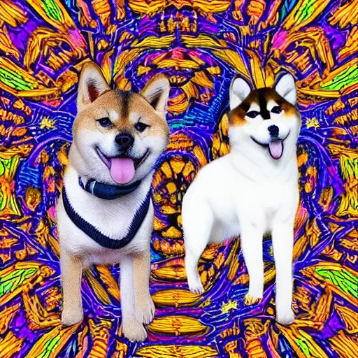 Prompt: two shiba inu in the psychedelic baroque dmt fourth dimensional tunnel