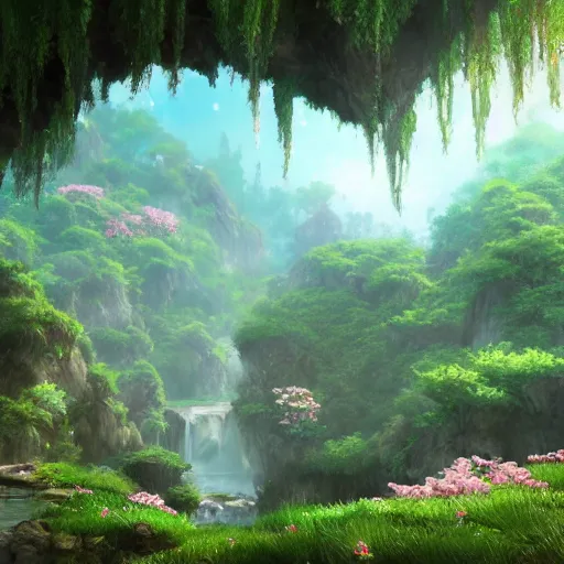 Prompt: overgrown cave, a creek, peach blossom forest, chinese village in the distance, fantasy, surreal, 8 k, unreal engine, high detail, magical, beautiful, anime style, studio ghibli