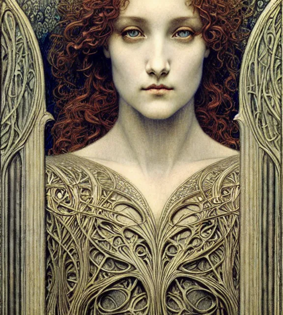 Image similar to detailed realistic beautiful young medieval queen face portrait by jean delville, gustave dore and marco mazzoni, art nouveau, symbolist, visionary, gothic, pre - raphaelite. horizontal symmetry