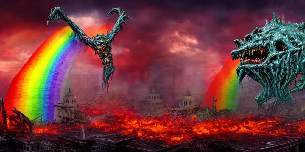 Prompt: monstrosity abomination rainbow god monster destroying on the roof of the burnt remains of the white house, performing a ritual to call aliens down from the night sky, wide shot, concept art, smooth, high quality, 4 k