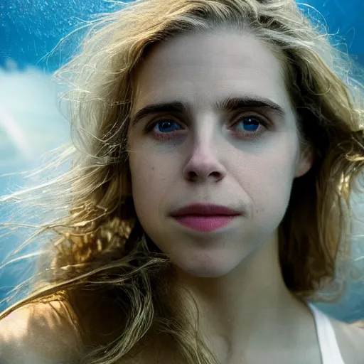 Image similar to beautiful extreme closeup portrait photo in style of frontiers in human near death molecular science magazine underwater brit marling edition, highly detailed, focus on face, soft lighting,