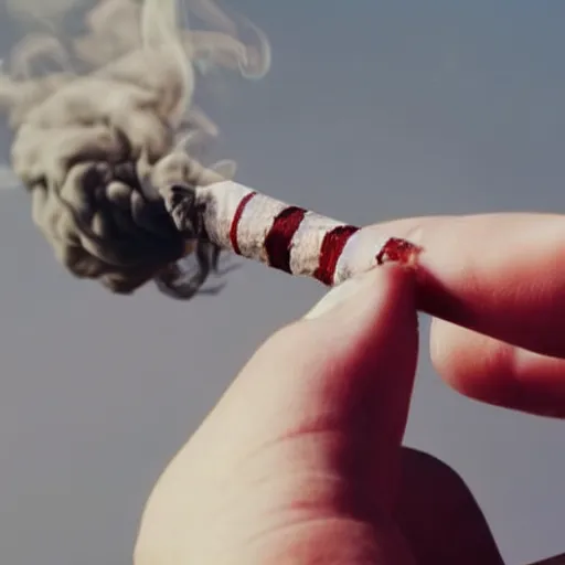 Prompt: Close-up of highly realistic hand holding cigarette with smoke, vintage photo,