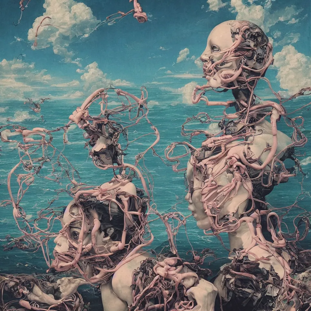 Image similar to Tristan Eaton & Greg Rutkowski, award winning masterpiece with incredible details, Zhang Kechun, a surreal vaporwave vaporwave vaporwave vaporwave vaporwave painting by Thomas Cole of an old pink mannequin head with cables and wires coming out of it's neck, sinking underwater, highly detailed