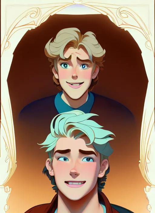 Image similar to young man with medium - length, curly, golden hair, aquamarine eyes, natural lighting, path traced, highly detailed, high quality, cartoon, digital painting, by don bluth and ross tran and studio ghibli and alphonse mucha