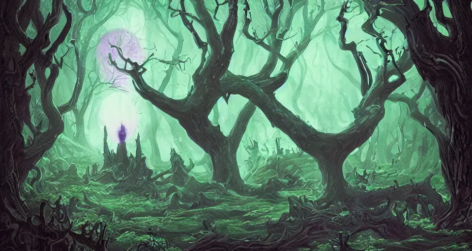 Image similar to Enchanted and magic forest, by H.P. Lovecraft