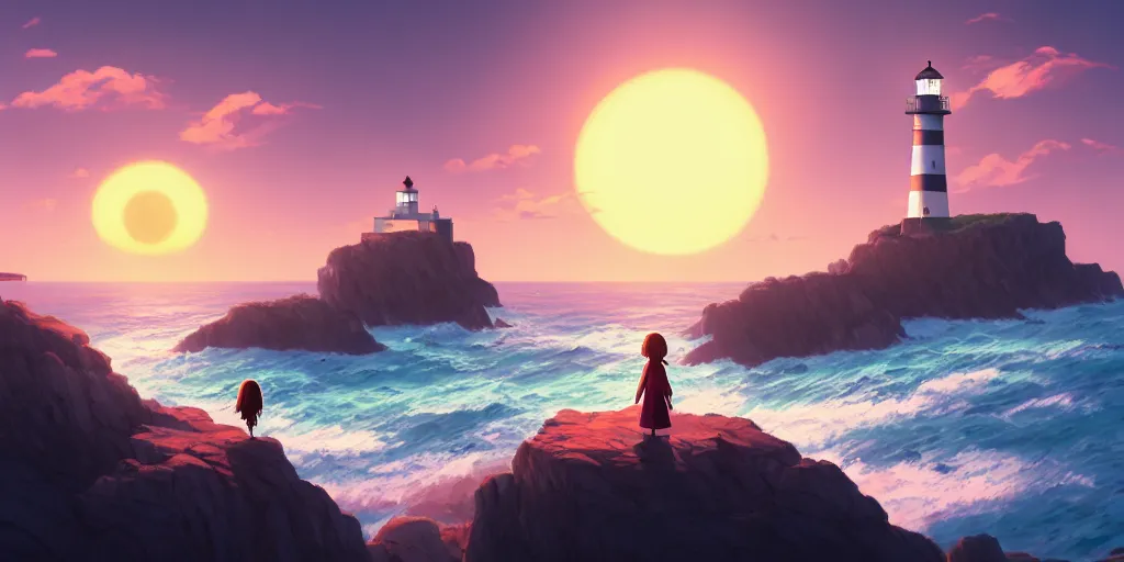 Prompt: the girl and the lighthouse. beautiful sunrise. matte painting, anime, studio ghibli. intricate, elegant, super highly detailed, professional digital painting, artstation, concept art, smooth, Unreal Engine 5, Photorealism, HD quality, 8k resolution, cinema 4d, 3D, beautiful, cinematic