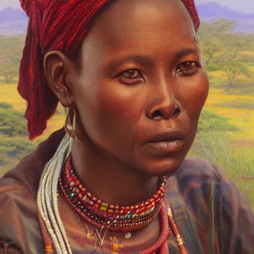 Image similar to portrait of a shona people woman ( 3 5 ) from zimbabwe in 2 0 2 1, an oil painting by ross tran and thomas kincade