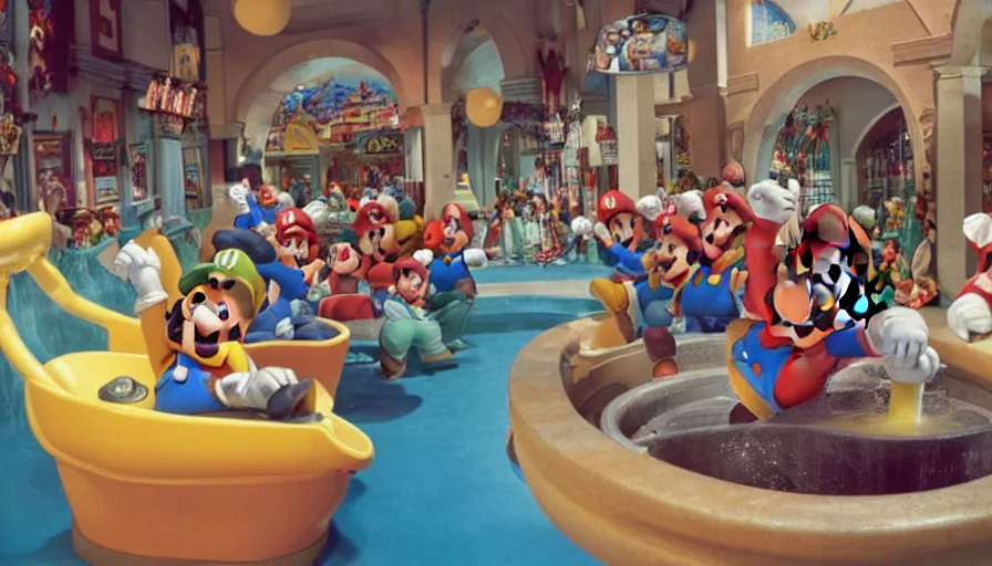 Image similar to 1990s photo of inside the Mario Plumbing experience ride at Universal Studios in Orlando, Florida, children riding through a giant Toilet while Mario fixed it with a plunger, cinematic, UHD