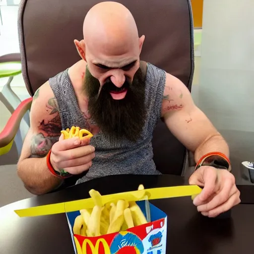 Image similar to kratos eating a happy meal from mcdonalds