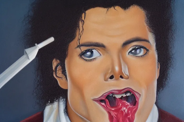 Image similar to michael jackson eating a funnel cake portrait in oil on black velvet, in frame, 4 k, hyper - realistic