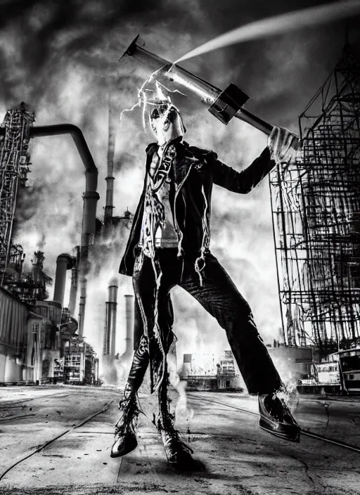 Image similar to an award winning photo of a 1980s punk holding up a huge industrial cog while being blasted with steam, photorealistic, background is abandoned power plant