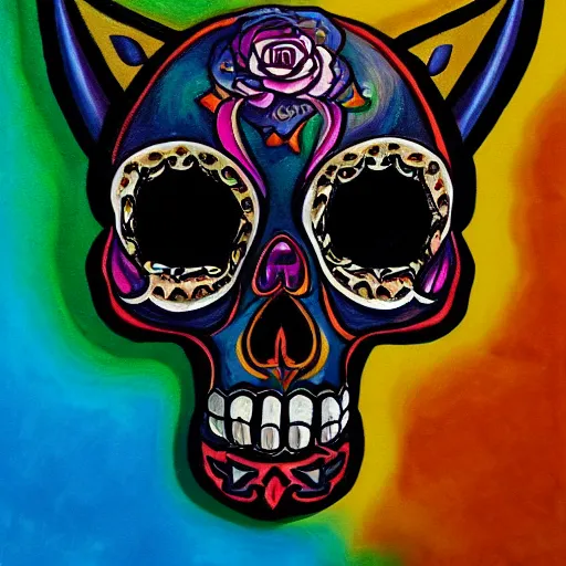 Image similar to a realistic portrait of dia de los muertos fox skull character, themed on the stars and moon, painting by jeff easley, stylized, black light, neon, black velvet, bowling alley carpet, dnd beyond