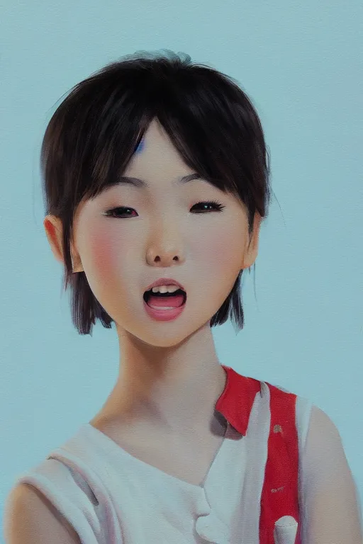 Prompt: a painting of cute Asian girl singing, short hair, in the style of DreamWorks animation, low angle view, 16mm lens, award winning, hyper detailed, dramatic lighting, artstation, octane renderer, unreal engine