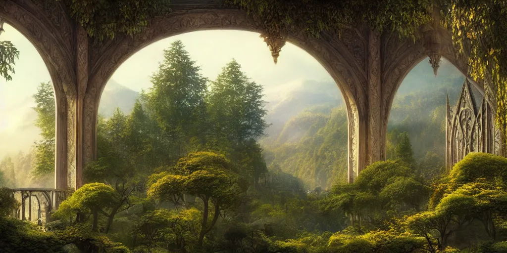 Image similar to Rivendell, looking out from the balcony, evening, detailed matte painting, cinematic, Alan Lee, Artstation