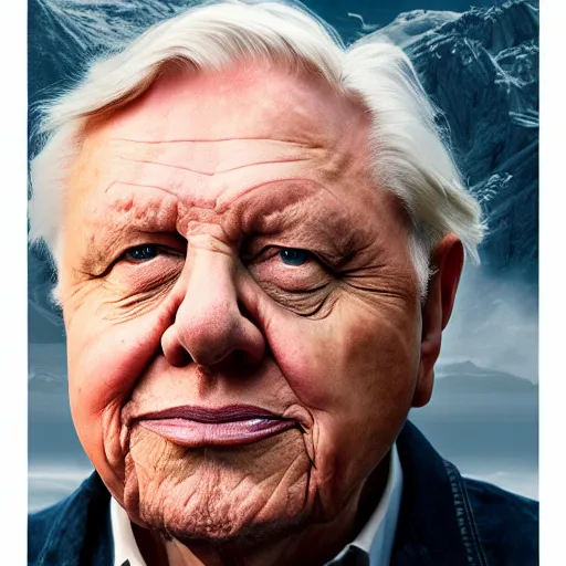 Image similar to David attenborough with the physique of a body builder, hyper realistic, ultra detailed, cinematic, dynamic lighting, photorealistic, refined, intricate, digital art, digital painting, masterpiece, 8k