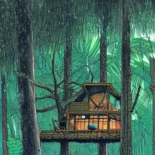 Image similar to a treehouse in a lush jungle during a thunderstorm in the night, drawing by moebius