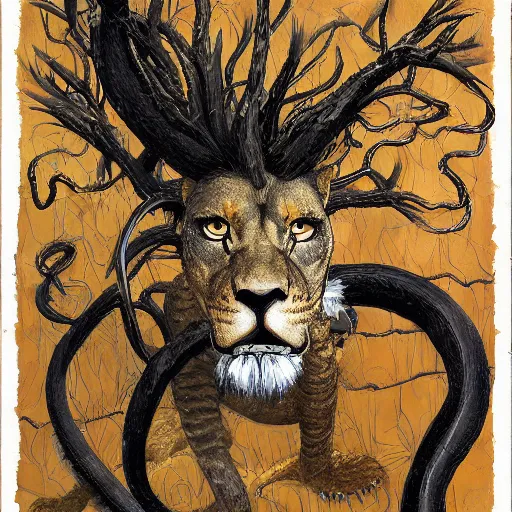 Image similar to demiurge snake snake camouflaged as a lion costume furry ears neck neck mane tall long viper national geographic tombow peter doig greg rutkowski lucian freud arsen savadov dan witz vik muniz