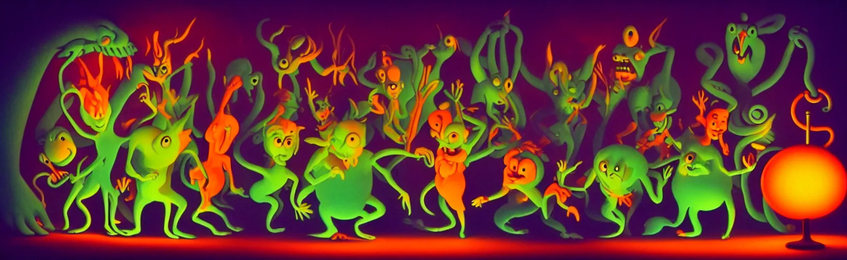 Image similar to whimsical unanny creatures from the depths of the collective unconscious, dramatic lighting, surreal fleischer cartoon characters