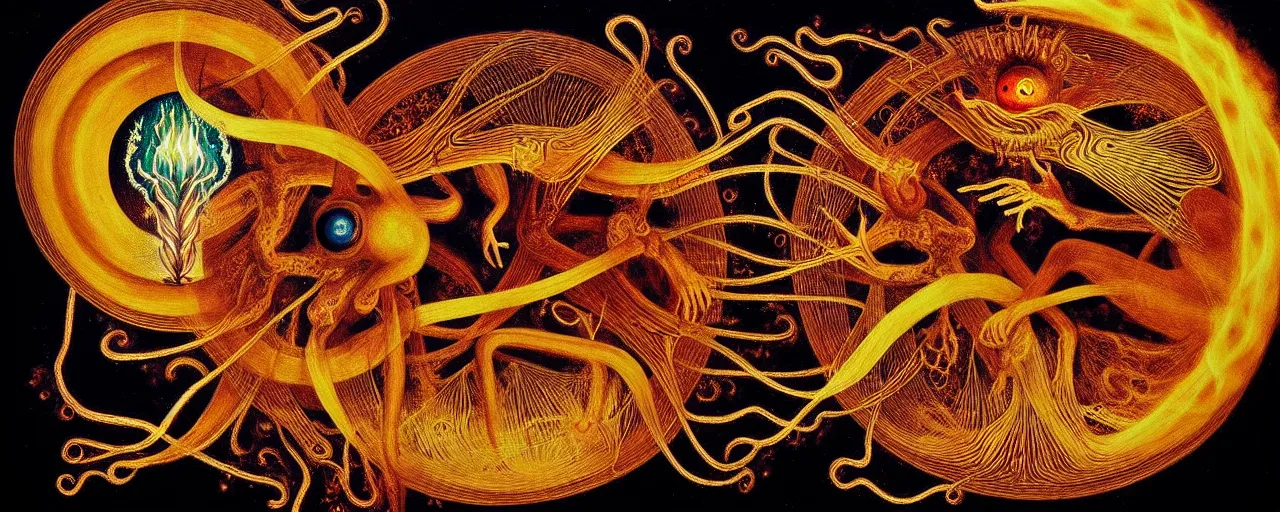 Image similar to a strange fire creature with endearing eyes radiates a unique canto'as above so below'while being ignited by the spirit of haeckel and robert fludd, breakthrough is iminent, glory be to the magic within, in honor of saturn, painted by ronny khalil