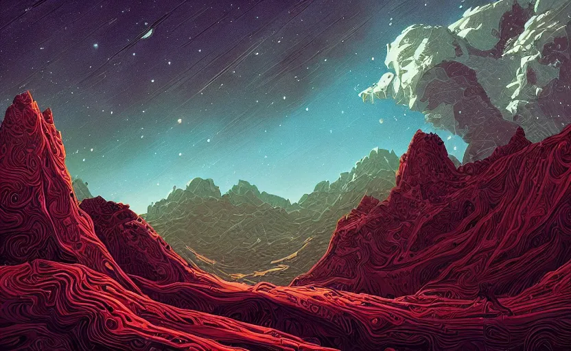 Prompt: mountains, stars and paisley filled sky, artstation, intricate, highly detailed, digital painting, concept art, sharp focus, illustration by Michael Whelan and Kilian Eng