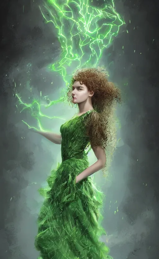 Image similar to a young woman with wild, curly hair and bright green eyes. she's wearing a flowing dress made of light, airy fabric and she has a mischievous look on her face, dynamic lighting, photorealistic fantasy concept art, trending on art station, stunning visuals, creative, cinematic, ultra detailed