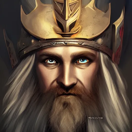 Image similar to Epic viking king, divine, symmetrical, D&D character art, portrait, digital painting, WLOP