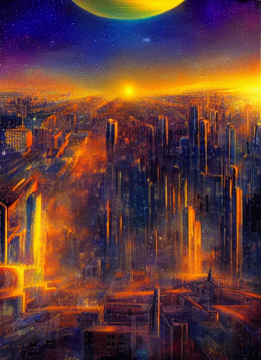 Prompt: ethereal starlit city at sunset, italian futurism, da vinci, hd, digital painting