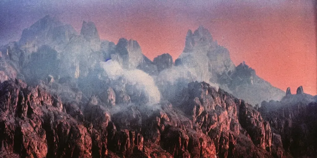 Prompt: 1 9 2 0 s color spirit photography 9 1 1 1 2 1 of alpine red sunrise in the dolomites, smoke from mountains, roots, by william hope, beautiful, dreamy, grainy