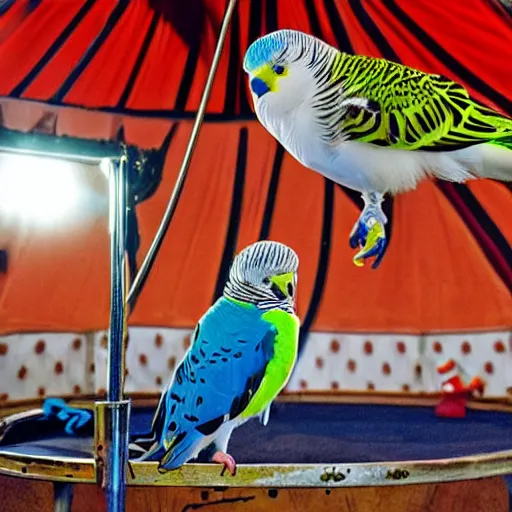 Prompt: budgerigar as an acrobat inside a circus tent