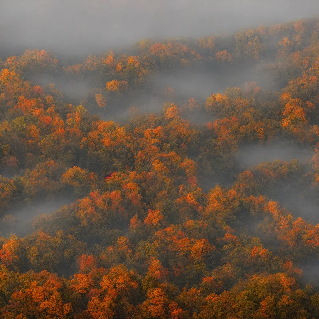 Prompt: blue ridge mountains on a misty october evening : : hd, 8 k, deep focus, intricate lines, substance 3 d, quixel megascans, gallery lighting