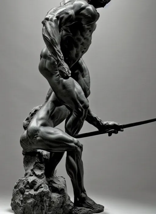 Prompt: a full figure stone sculpture of Giant Orc holding a spear by Rodin and Bernini